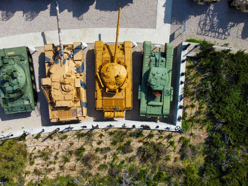 Drone shot of military tanks displayed outdoors at a museum in Jerusalem, Israel.