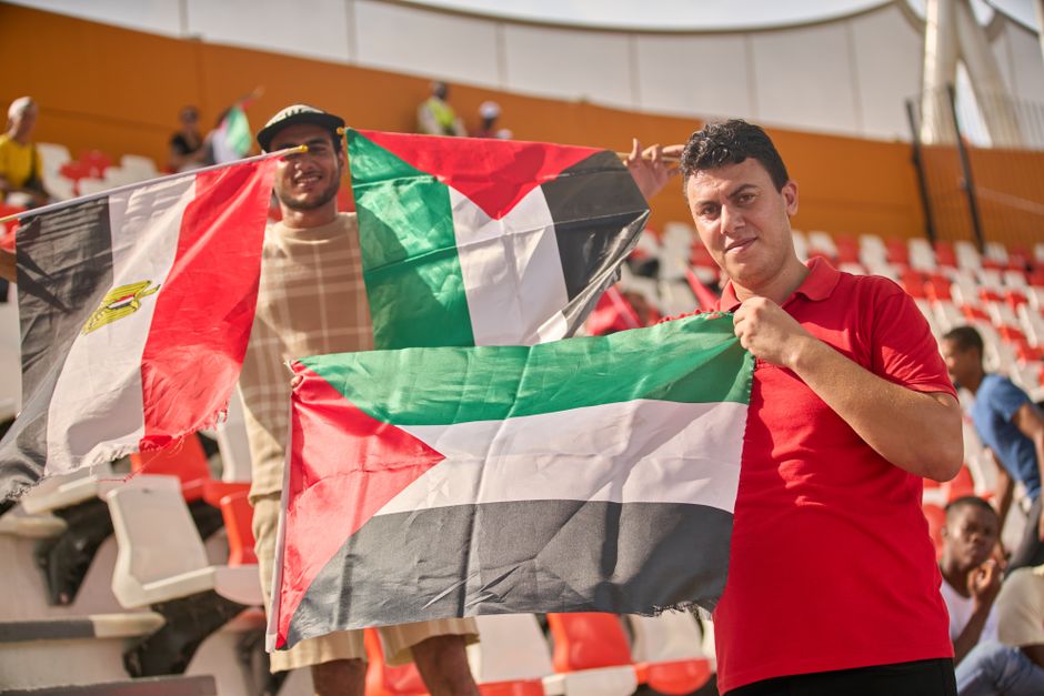 Enthusiastic soccer fans holding Egyptian and Palestinian flags at a sports stadium.