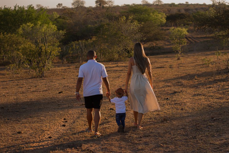 A family walking together hand in hand during a beautiful sunset in a rural setting, symbolizing unity and happiness.